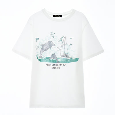 Camiseta Retro Blanca con Estampado para Mujer - Manga Corta Estilo Americano