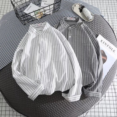 Camisa Casual de Rayas Blanca para Hombre - Manga Larga Suelta - Image 3