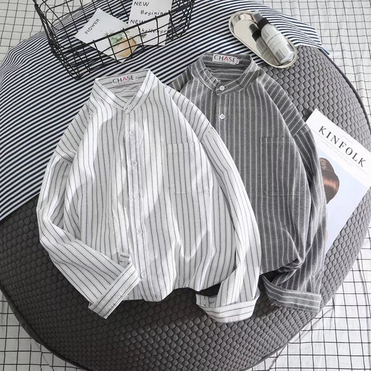 Camisa Casual de Rayas Blanca para Hombre - Manga Larga Suelta - Image 3