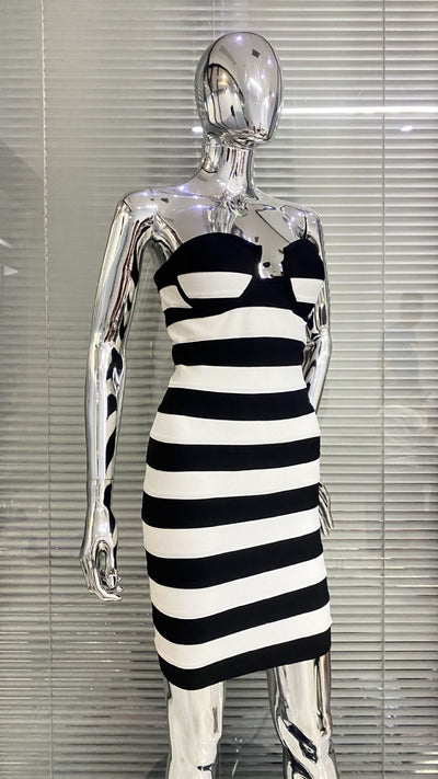 Vestido de Fiesta Rayas Blanco y Negro - Diseño Bandage Ajustado para Mujer - Image 8