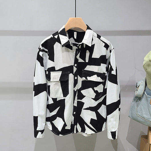 Chaqueta Camisa Manga Larga Geométrica Blanco y Negro para Hombre