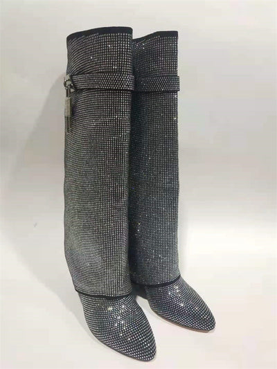 Botas Altas Hasta la Rodilla con Tacón Cuña Súper Alto y Hebilla Tiburón con Strass - Image 17