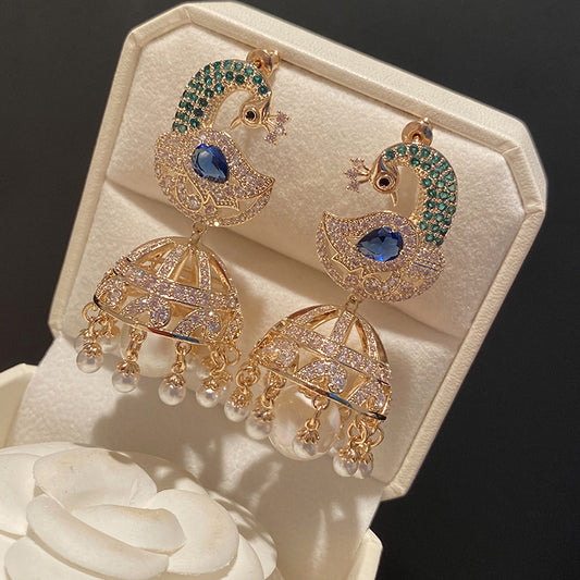 Aretes de Jaula de Pavo Real con Perlas y Borla de Cristal - Image 2