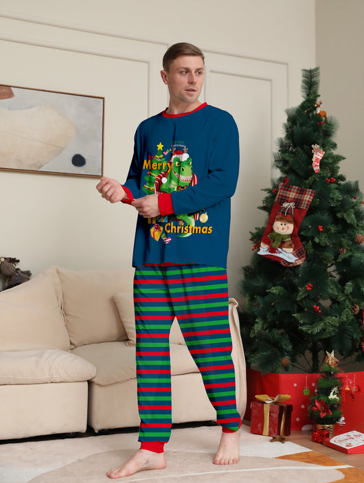 Child's blue long-sleeve Christmas pajamas with a dinosaur graphic and red and green striped pants. - Image 19