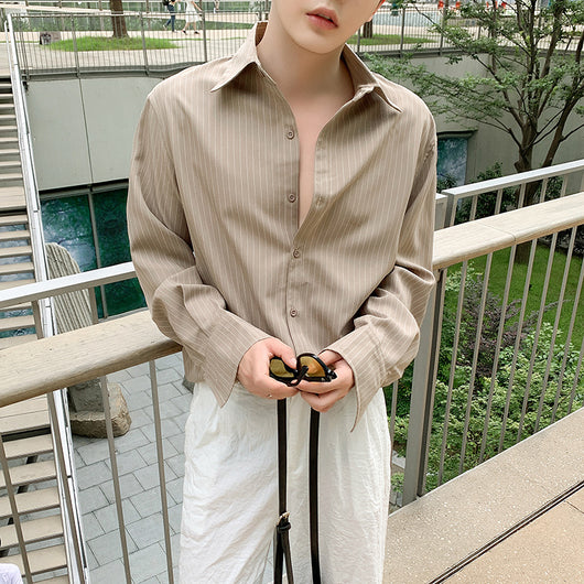 Camisa Rayada de Manga Larga Estilo Coreano para Hombre - Image 11