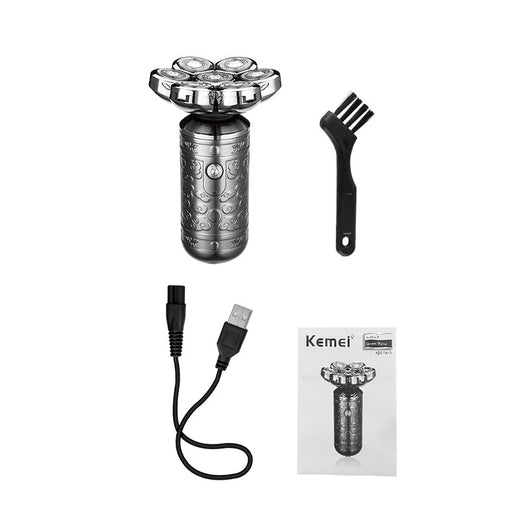 Dark grey electric shaver with a seven-head rotary design and an ornate, embossed pattern on its body. - Image 3