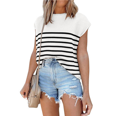 Blusa Casual de Cuello Redondo con Rayas y Manga Corta - Image 5
