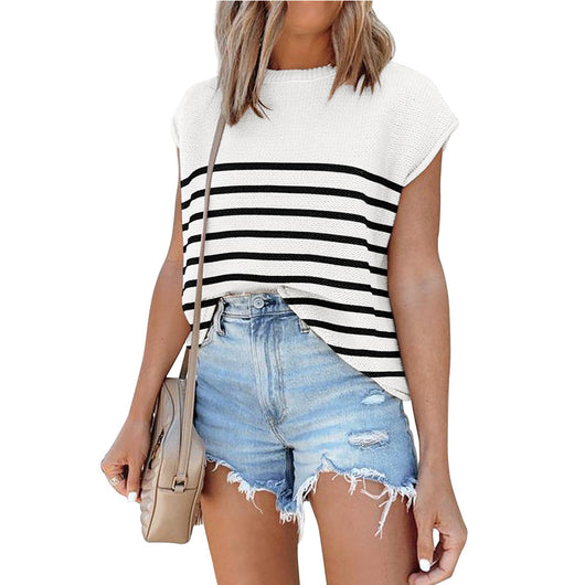 Blusa Casual de Cuello Redondo con Rayas y Manga Corta - Image 5