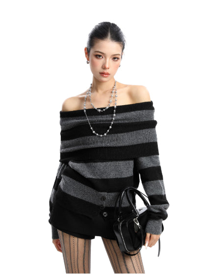 Suéter Coreano Bicolor Hombros Descubiertos para Mujer - Otoño e Invierno - Image 4