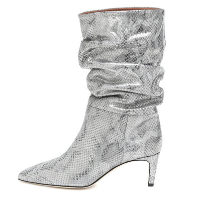 Botas Stiletto Punta Fina Efecto Serpiente Plisadas Púrpura y Plata - Image 13