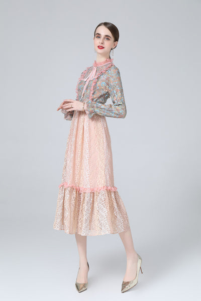 Vestido Maxi con Cuello Alto, Encaje Loto y Estampado Patchwork - Image 3