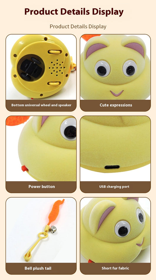 Gray pet toy shaped like a mouse or cat head with googly eyes, pink ears, and a yellow feather with a bell. - Image 15