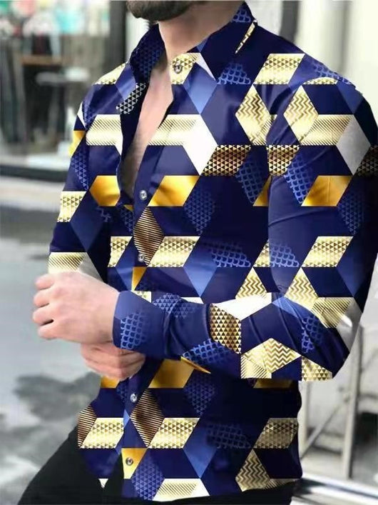 Camisa Manga Larga Estampado 3D Diseño Irregular Ajuste Slim Hombre Moda Urbana - Image 3