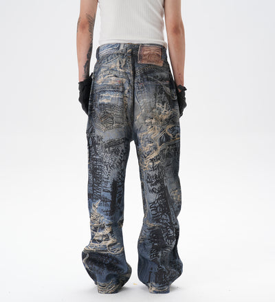 Pantalones Vaqueros Rectos con Estampado 3D Efecto Graffiti Rasgado - Image 12