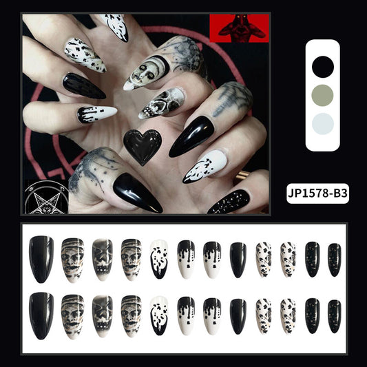 Uñas Postizas Gota de Agua Almendra - Diseño Calavera Halloween Manicura Artística