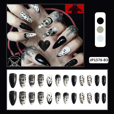 Uñas Postizas Gota de Agua Almendra - Diseño Calavera Halloween Manicura Artística