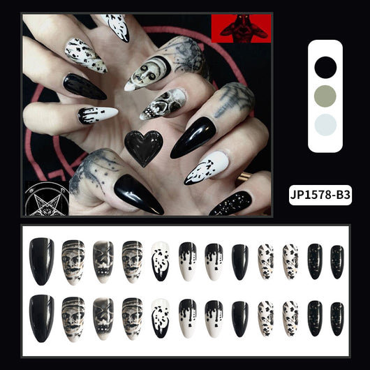 Uñas Postizas Gota de Agua Almendra - Diseño Calavera Halloween Manicura Artística