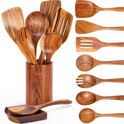 Juego de Utensilios de Cocina en Teca: Cuchara Larga, Colador y Espátula Antiadherente - Image 11