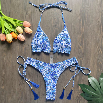 Women's blue and white porcelain print halter bikini with tie-side bottoms and blue tassels. - Image 19