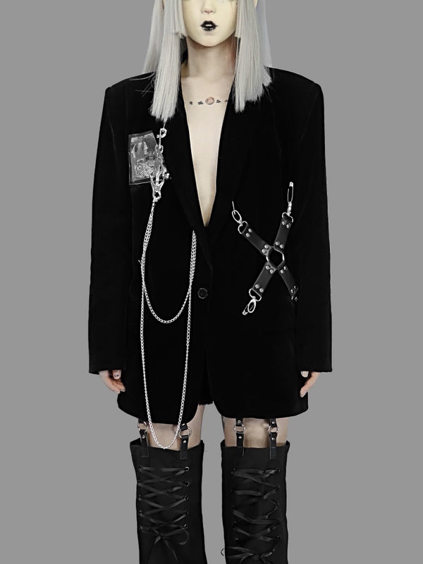 Blazer de Terciopelo Negro Gótico con Hombreras para Mujer