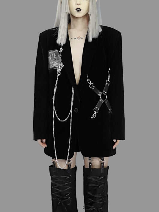 Blazer de Terciopelo Negro Gótico con Hombreras para Mujer