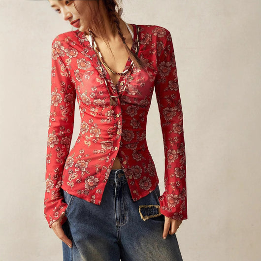 Blusa Estampada Slim Fit Retro para Mujer - Diseño Europeo Elegante - Image 4