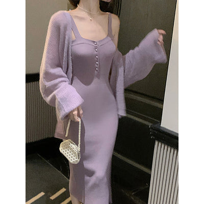 Conjunto de Dos Piezas: Cardigan Tejido Morado con Falda Envuelta - Image 2