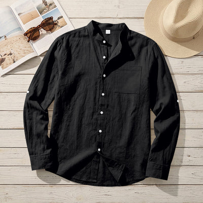 Camisa de Lino Estilo Americano con Cuello Mao y Mangas Medianas para Hombre - Image 7