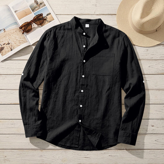 Camisa de Lino Estilo Americano con Cuello Mao y Mangas Medianas para Hombre - Image 7