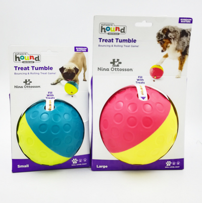 Small Outward Hound Treat Tumble dog toy in blue and yellow, a bouncing and rolling slow feeder. - Image 6