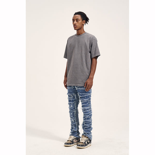 Jeans Slim Ajustados Vintage Desgastados con Cortes 3D para Hombre