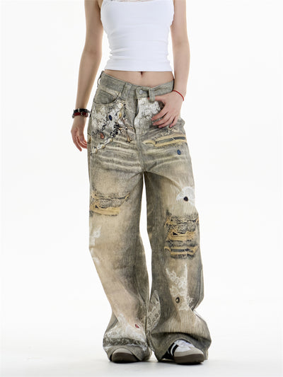 Pantalones Vaqueros Estampado Cruzado Mujer Pierna Ancha - Image 10