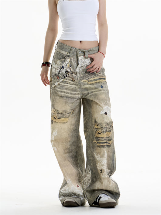 Pantalones Vaqueros Estampado Cruzado Mujer Pierna Ancha - Image 10