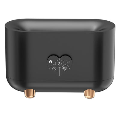 Black flame effect humidifier with a heart-shaped control panel, featuring power, timer, and light functions, on rose gold feet. - Image 5