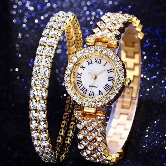 Reloj de Cuarzo Lujo con Diamantes y Pulsera Doble Capa - Set 2 Piezas