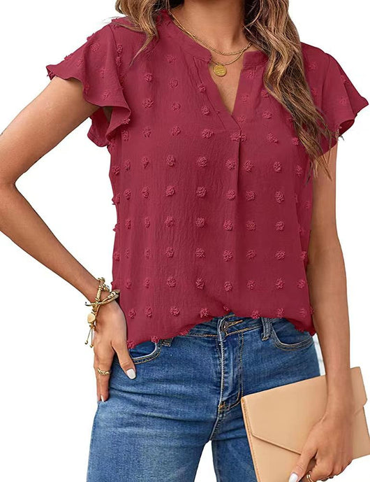 Blusa Fresca de Verano con Cuello V, Volantes y Estampado de Lunares - Image 8