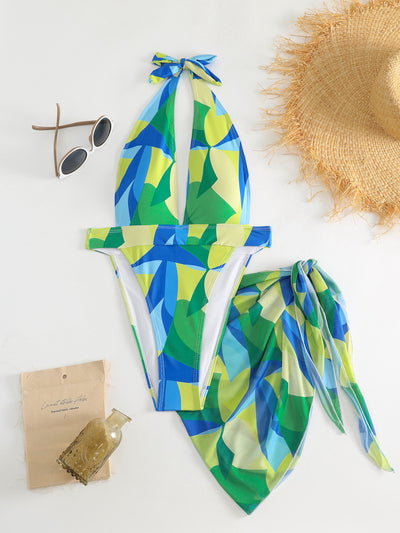 Sexy lace-up backless beach swimwear skirt set with a vibrant blue, green, and yellow geometric print. - Image 10
