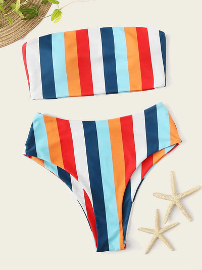 Bikini Arcoíris de Rayas con Estampado en el Pecho y Cintura Alta Abierto - Image 7