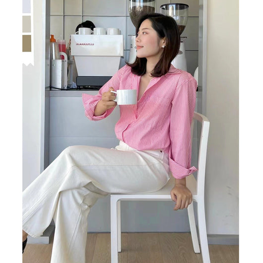 Camisa Suelta de Algodón a Rayas con Manga Larga para Mujer - Image 11