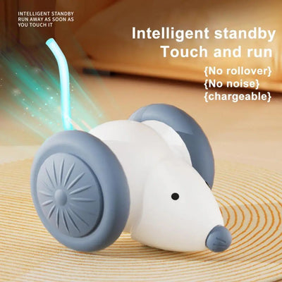 White and grey electric mouse cat toy with large wheels, a glowing blue tail, and a USB charging cable. - Image 14