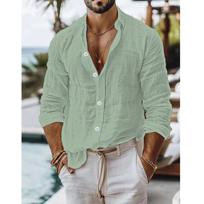 Camisa Casual de Algodón y Lino para Hombre - Manga Larga Color Sólido - Image 17