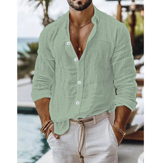 Camisa Casual de Algodón y Lino para Hombre - Manga Larga Color Sólido - Image 17