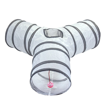 White cat tunnel with dark grey trim, featuring a red and pink hanging toy, measuring 25cm by 50cm. - Image 3