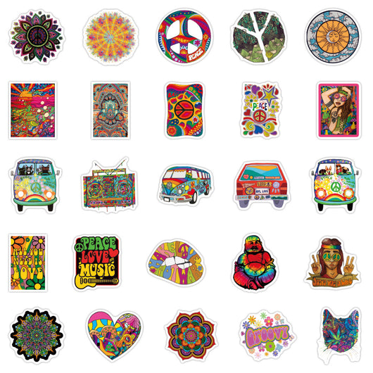 A hand holds a vibrant, tie-dye butterfly sticker with a black outline, against a blurred background of many other colorful, hippie-style stickers. - Image 3
