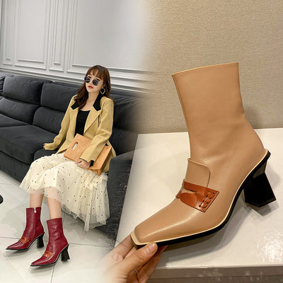 Botas de Cuero Retro con Tacón Grueso y Punta Cuadrada - Image 10