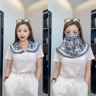 Female cream and black floral polka dot sun protection mask with ear loops, designed for eye corner protection. - Image 12
