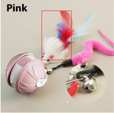 Green and white electric intelligent pet laser toy ball with power button, shown with mouse and worm attachments. - Image 10