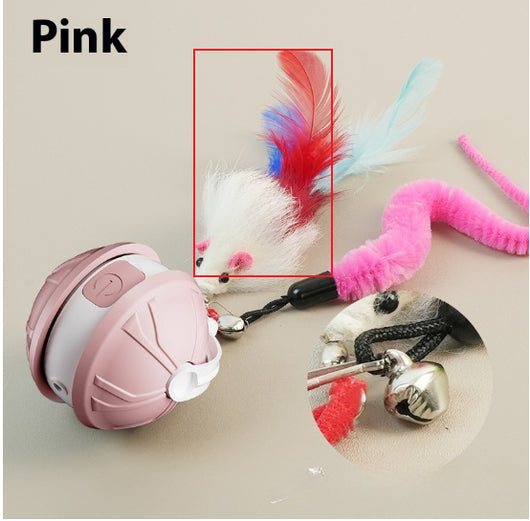 Green and white electric intelligent pet laser toy ball with power button, shown with mouse and worm attachments. - Image 10