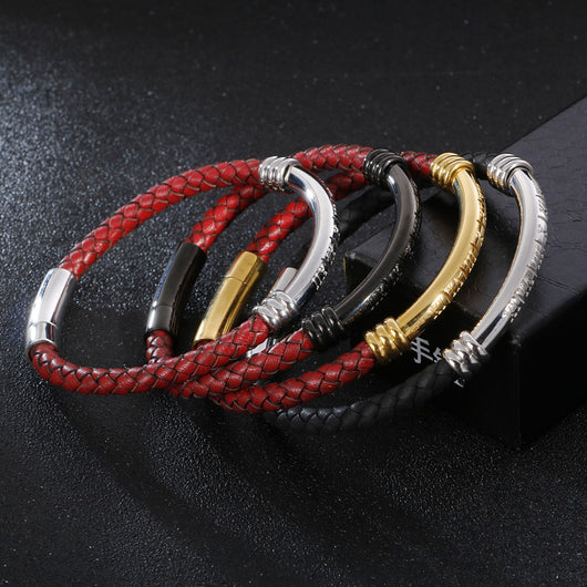 Pulsera de Cuero Trenzado para Hombre con Acero Inoxidable