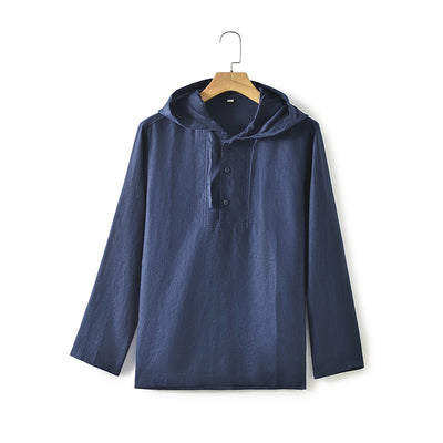 Camisa Suelta de Lino para Hombre con Capucha y Color Sólido - Image 8